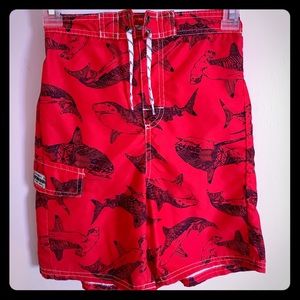 Red, shark print, boys swim trunks